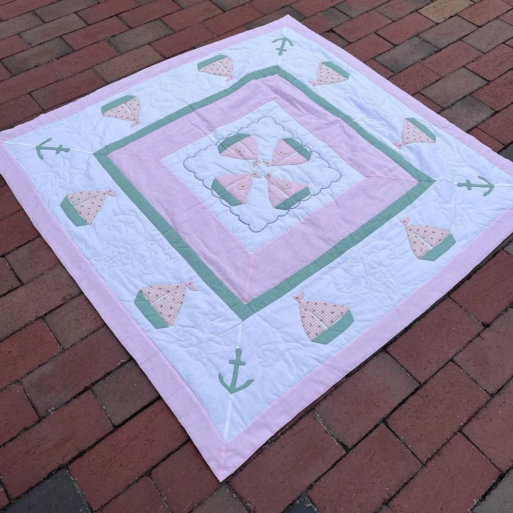 Handmade Sailboat Girls Crib Quilt, Green, White, Pink, One Of A Kind 42